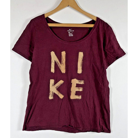 Nike T Shirt Womens Large The Nike Tee Burgundy Red Spell Out Gold Graphic Scoop - Picture 1 of 4